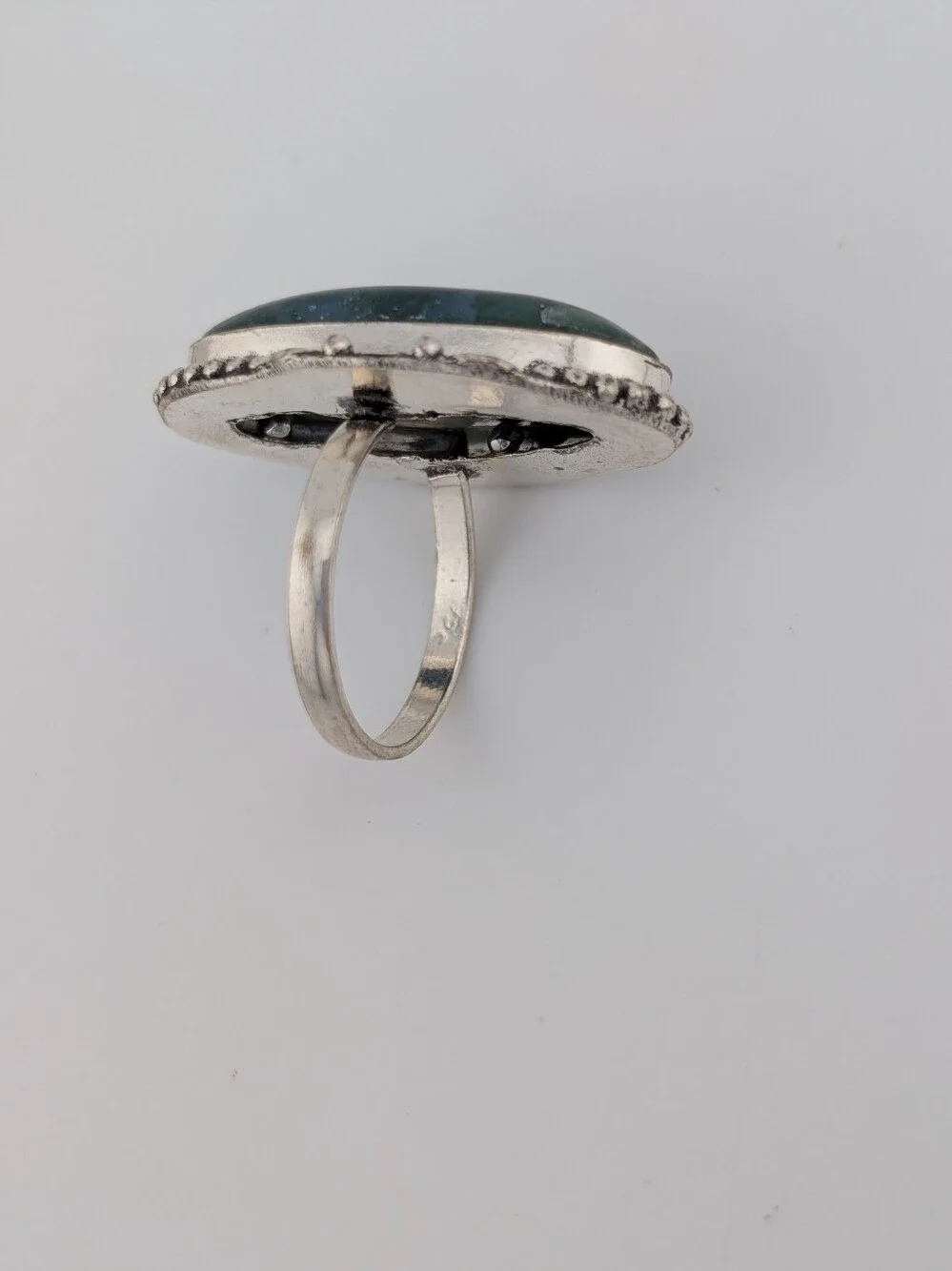 Moss Agate Oval Silver Statement Ring - Bohemian Jewelry - 8.5 - L